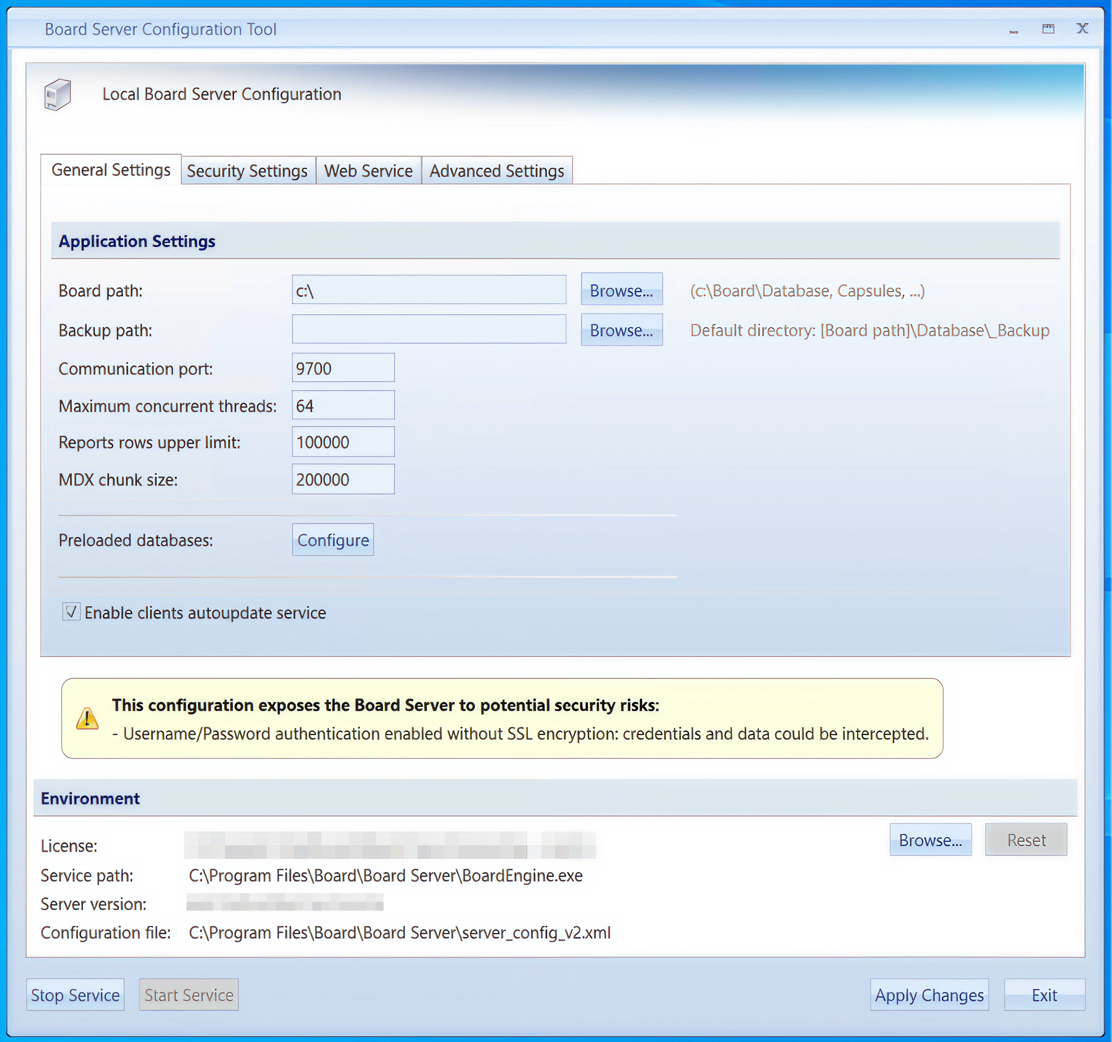 Configuration settings for the Board Server, including security and application parameters.